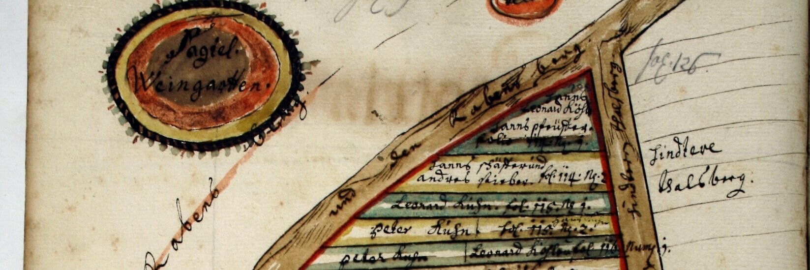 Farbig gezeichneter Plan der Veitshöchheimer Weinberge mit Namen der Besitzer aus dem Jahr 1720agungen der Besitzernamen