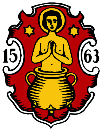 Das Ortswappen Veitshöchheim von 1563 zeigt den Hl. Vitus in einem Kessel sitzend