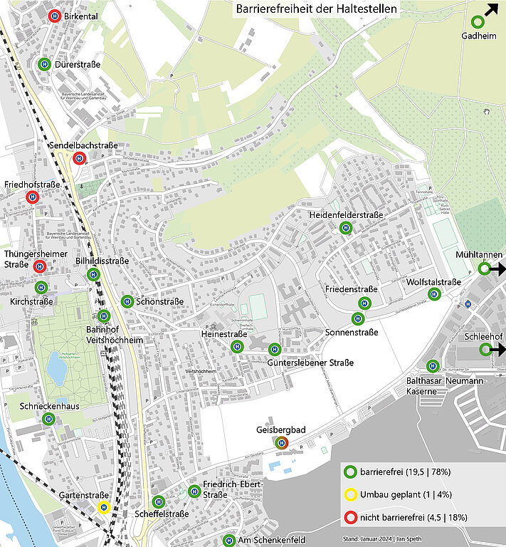 Farbiger Ortsplan von Veitshöchheim mit eingezeichneten Bushaltestellen